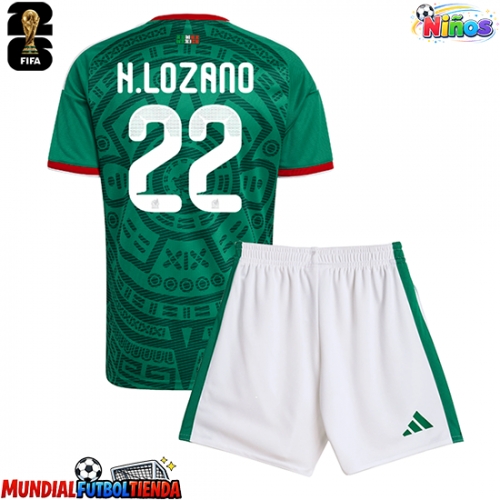 Camiseta México Hirving Lozano #22 Primera Equipación Replica Mundial 2026 para niños mangas cortas (+ Pantalones cortos)